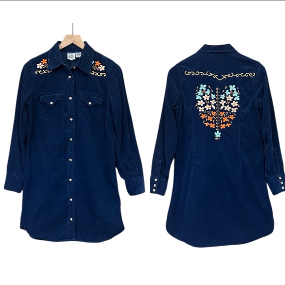 Ivy Jane Navy Blue Corduroy Embroidered Pearl Snap Dress Size Small - Picture 1 of 11